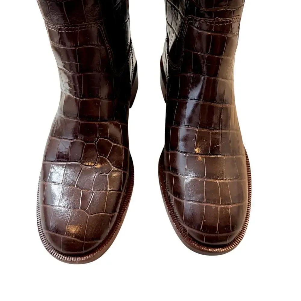 Schutz Terrance Up Brown Croc Embossed Leather Boots Size 6 New